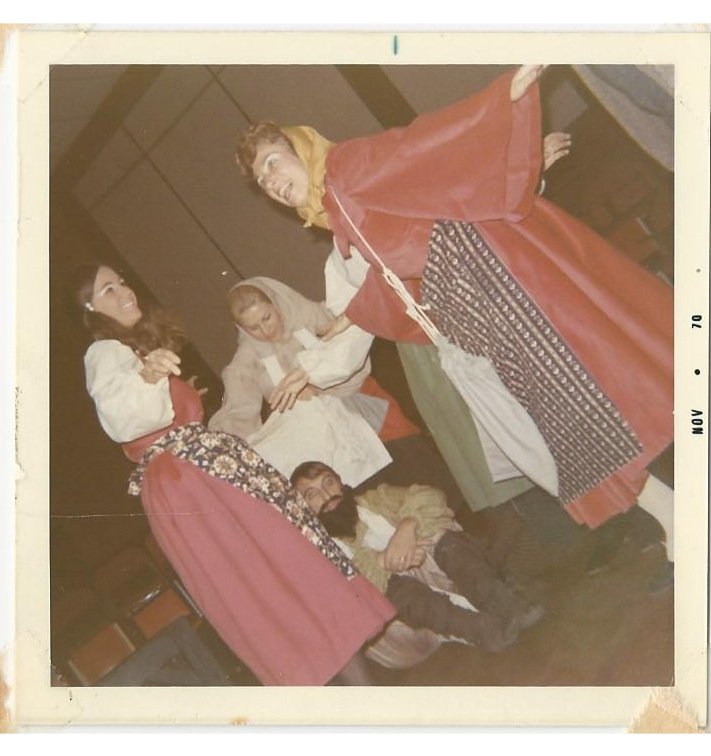 Diane Shimmelman, Esther Pass and Muriel Gundishimer as Angels in the Heavenly Court surrounding Benton Bloch playing Boncha Scheweig