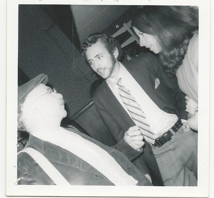 Julian Barnett, as a Schtettle member, greeting his son Steve Barnett, who came to see the performance of The World of Shalom Aleichem