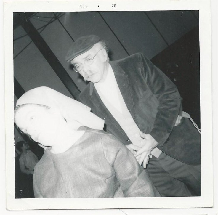 Irene Braverman and Julian Barnett, as a Shtettle members, playing the part of the mother and the father in the short story "Gymnasium," The High School, durin a perfgormance of The World of Shalom Aleichem