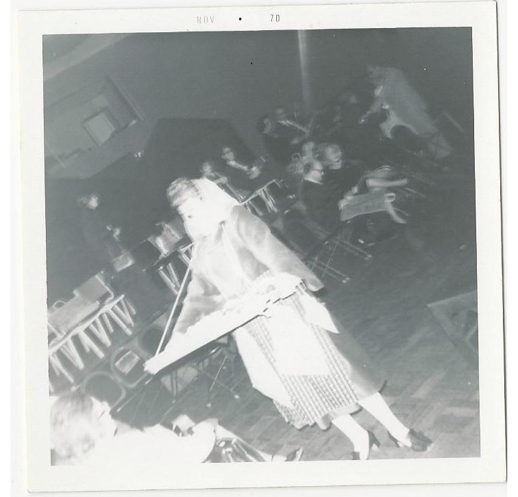 Muriel Gundesheimer, as a Shtettle member, practicing how she will sell her wares during a the preperformance lobby greeting time and during the intermission of the performances of The World of Shalom Aleichem